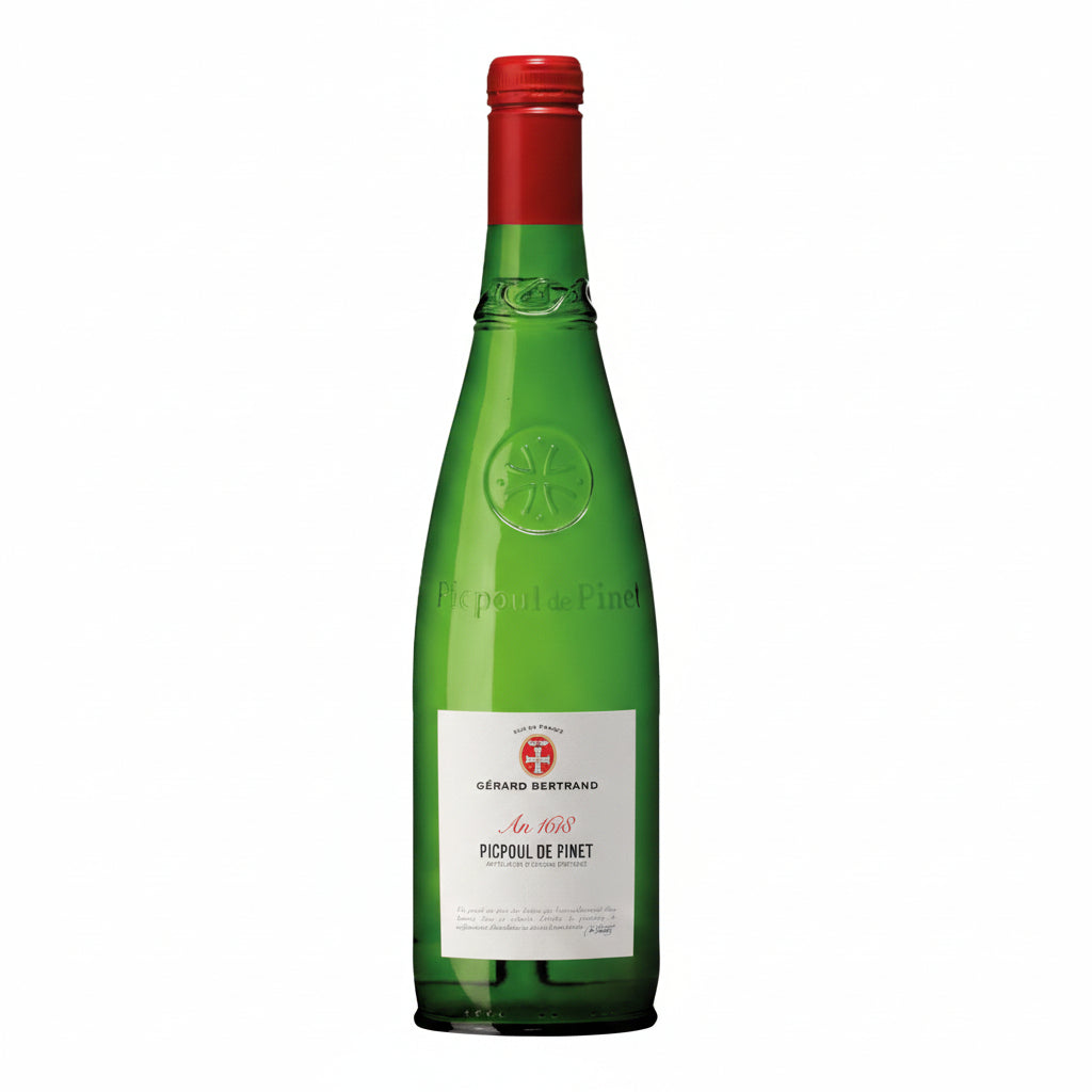 Bottle of Gerard Bertrand Picpoul de Pinet white wine with label visible, showcasing a crisp, refreshing French wine from Gerard.