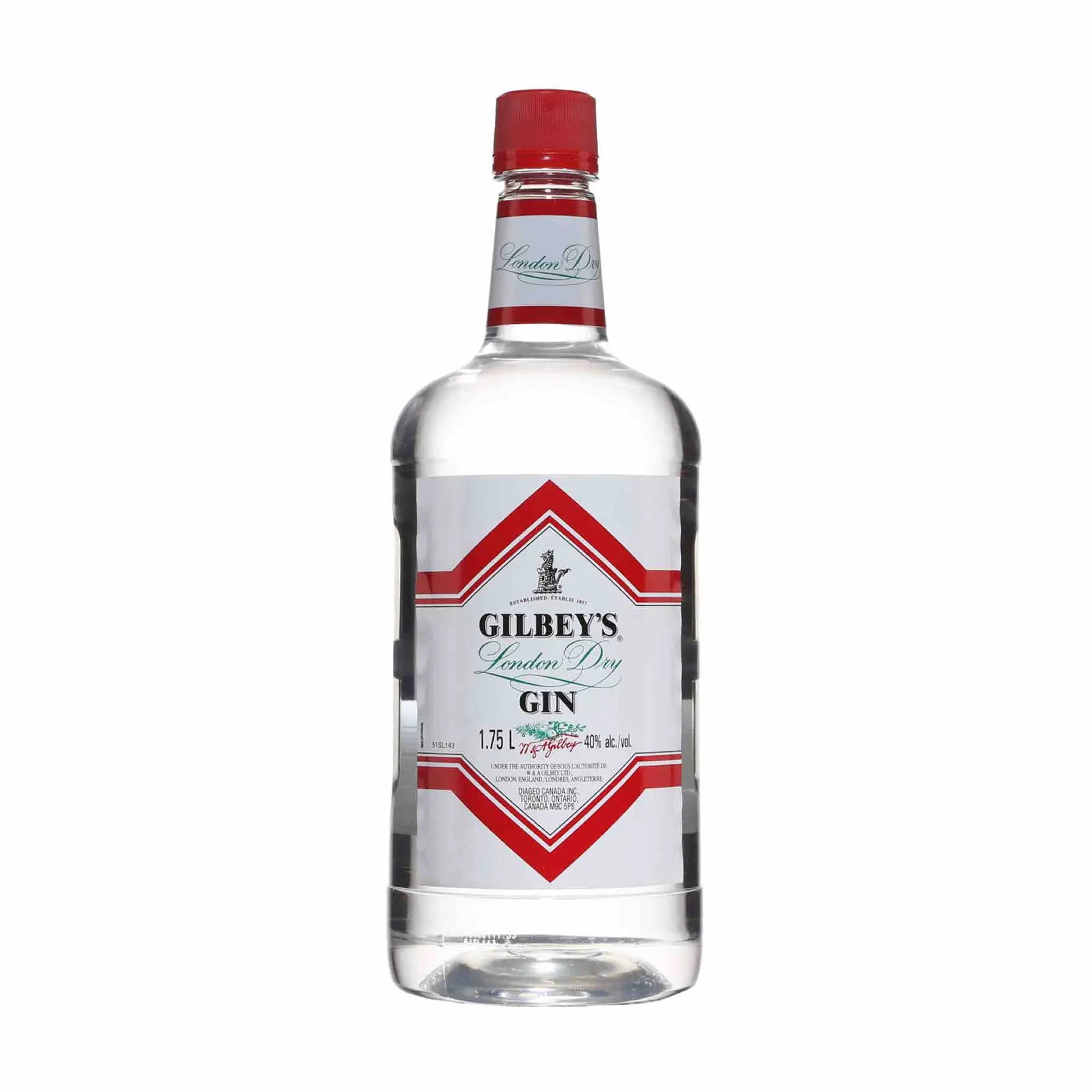 Buy Gilbey's London Dry Gin 1.75L bottle, clear glass with red cap and label