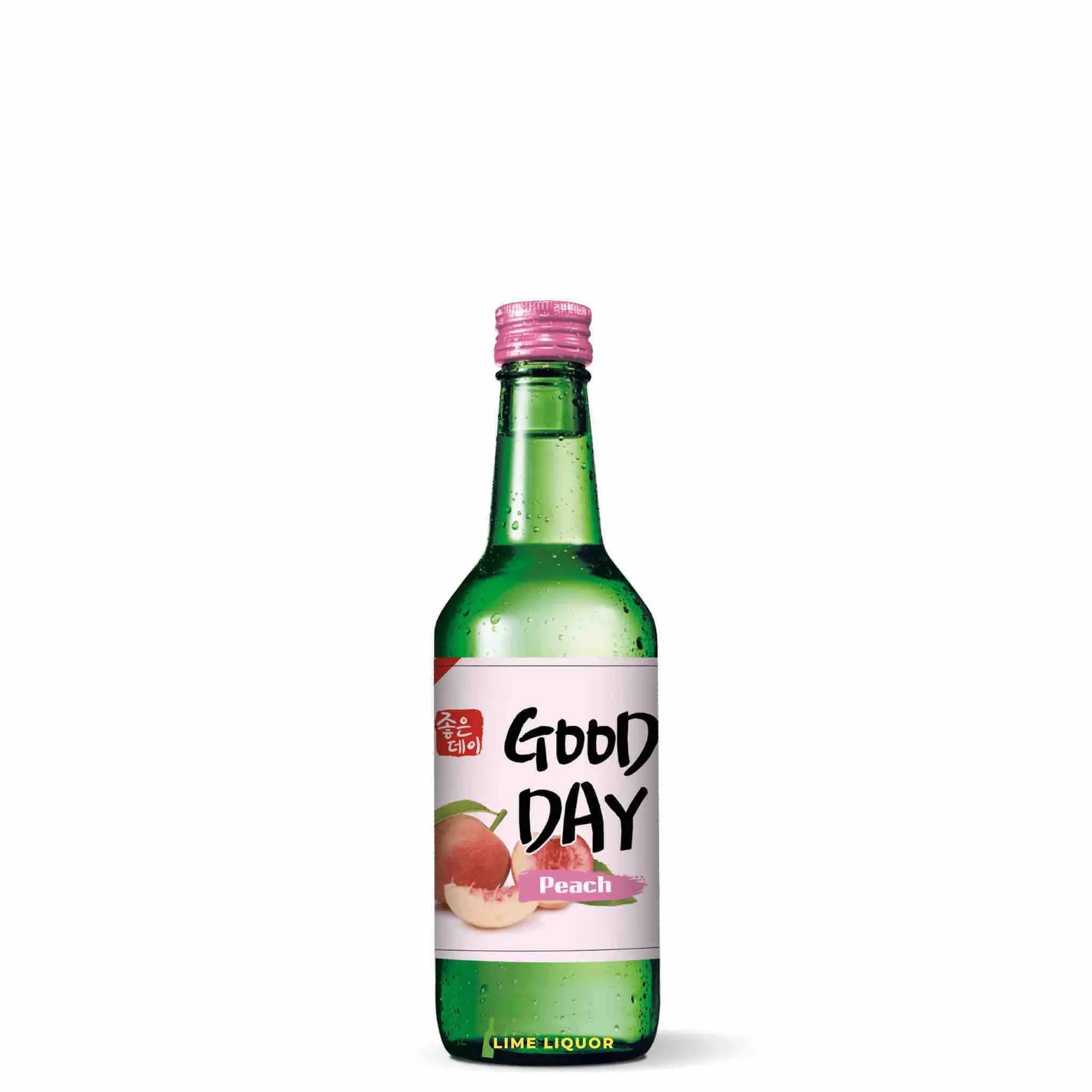 Buy Good Day Peach Soju 360mL green bottle with pink cap and peach label