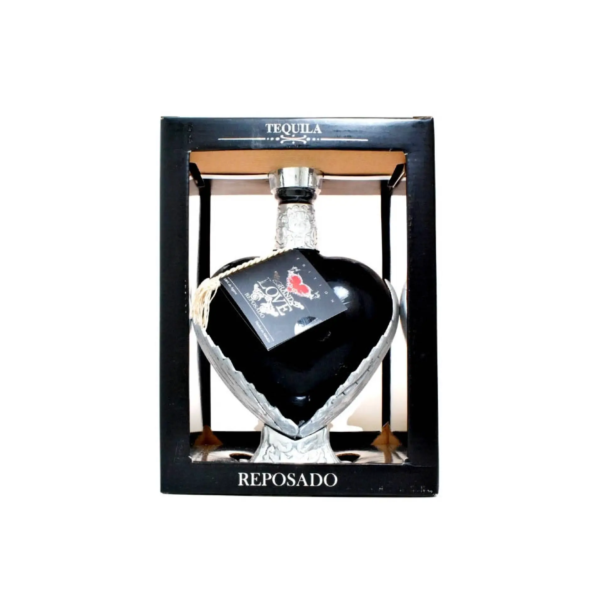 Buy Grand Love Tequila Reposado in a heart-shaped bottle with black and silver accents