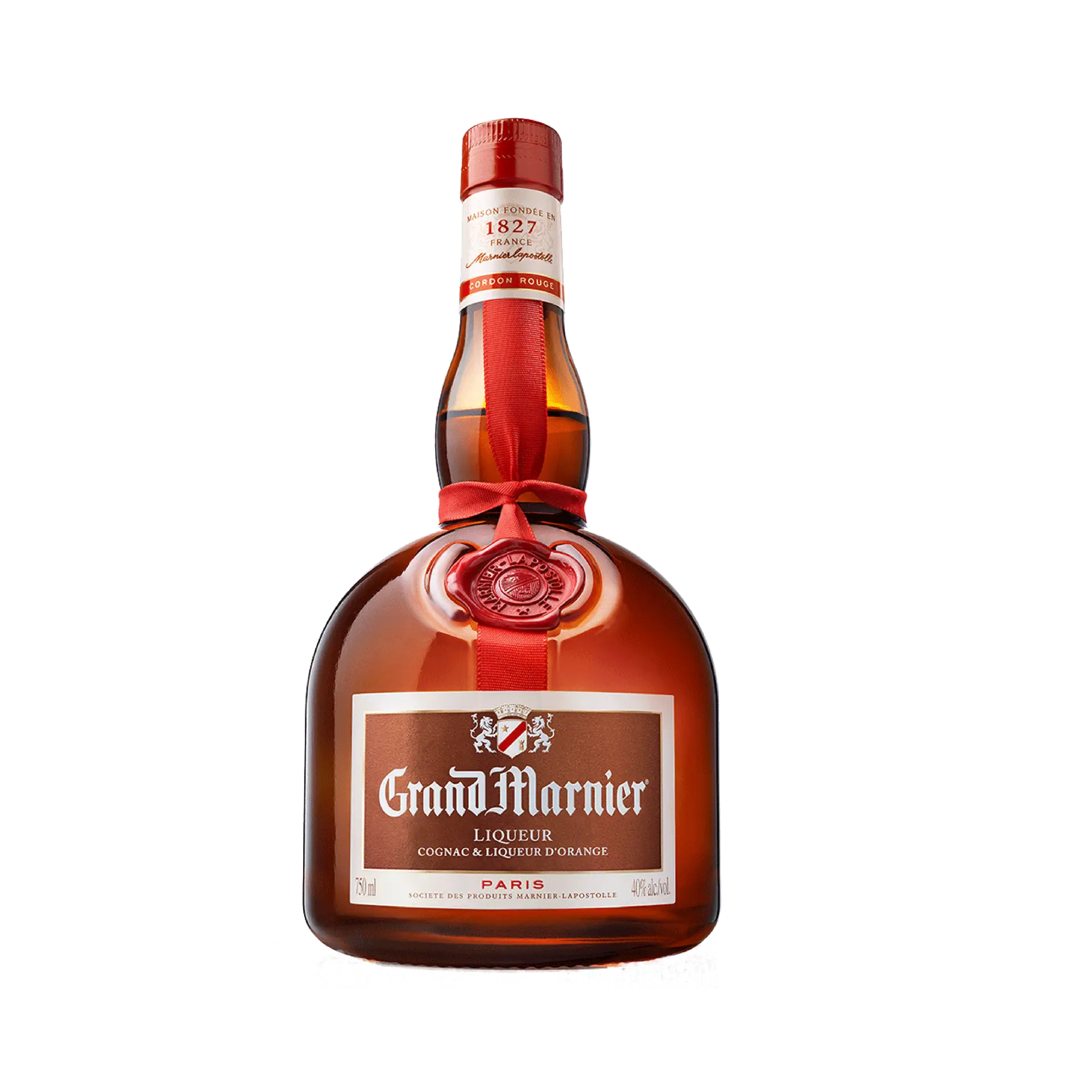 Buy Grand Marnier 750mL, orange cognac liqueur bottle with red ribbon and label.