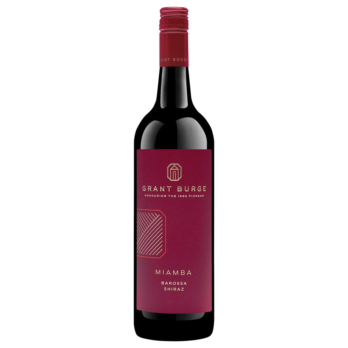 Bottle of Grant Burge Vigneron Coll Miamba Shiraz 750mL with dark red wine visible in a clear glass bottle.