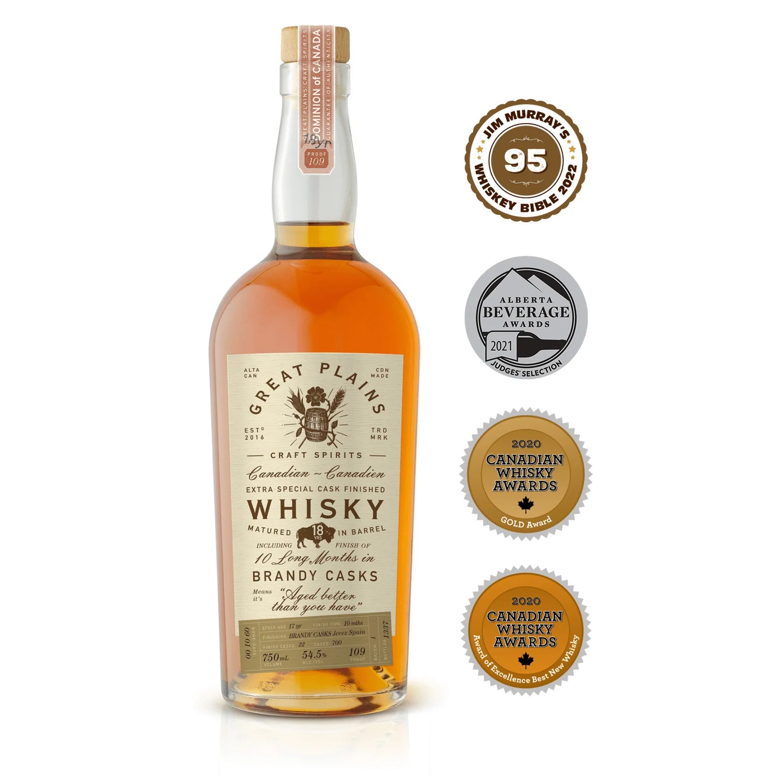 Great Plains 18 Year Old Brandy Finished Canadian Whisky 750Ml Bottle Image