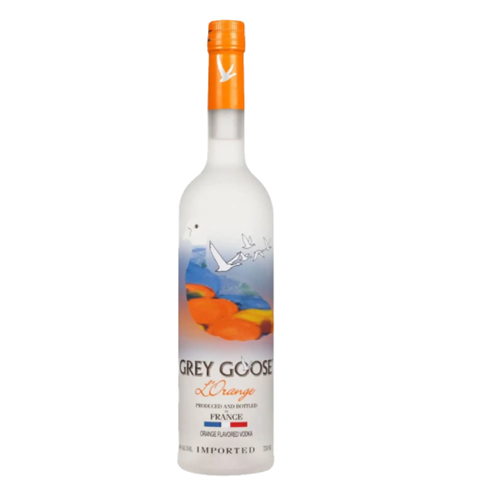 buy Grey Goose L'Orange 750mL, orange flavored vodka bottle with orange and blue label