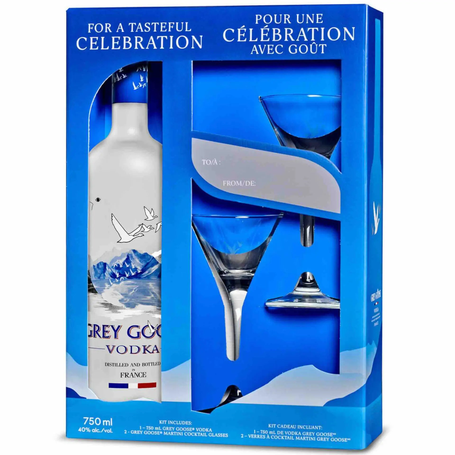 Buy Grey Goose Martini Gift Pack with vodka bottle and two martini glasses.