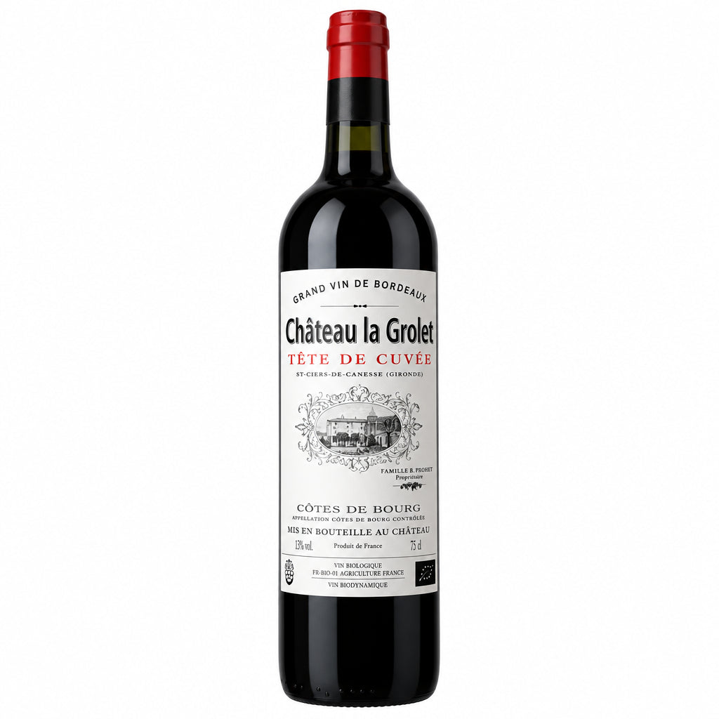Bottle of La Grolet Tete De Cuvee Cotes De Bourg wine with label visible, showcasing elegant wine packaging and branding.