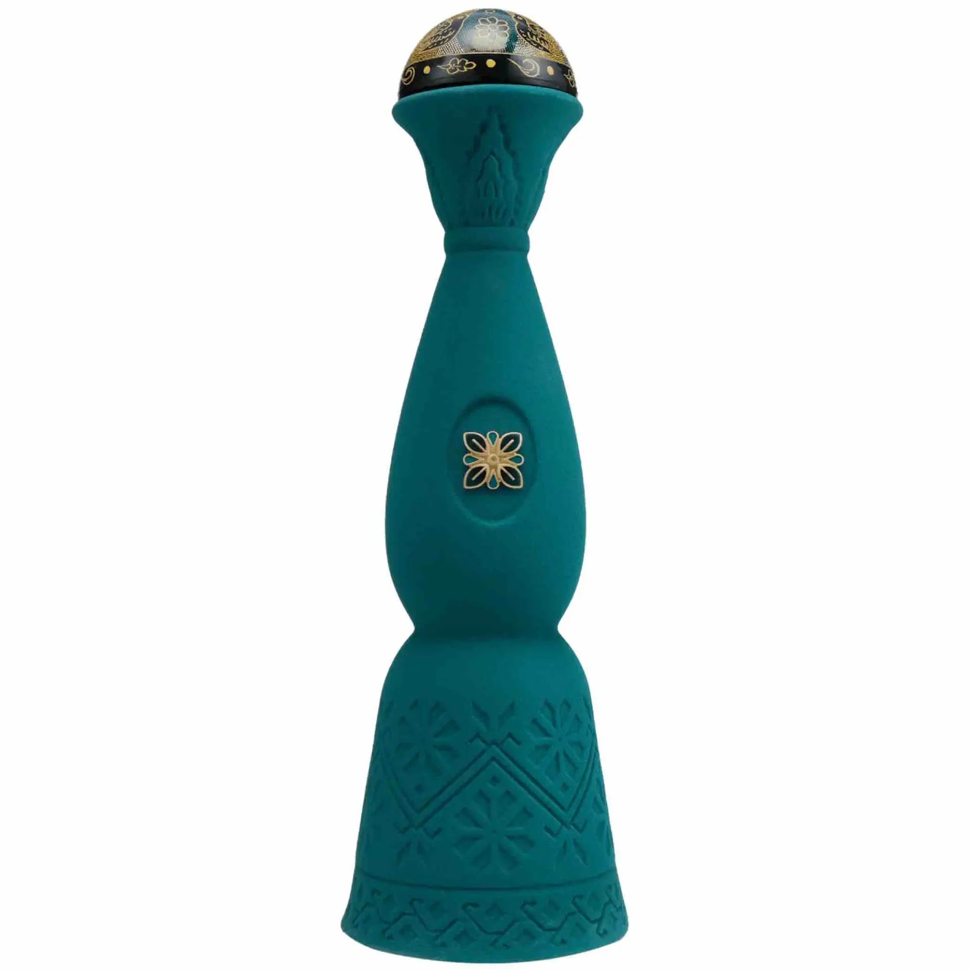 Buy Guerraro tequila in a decorative teal bottle with embossed floral patterns and gold accents