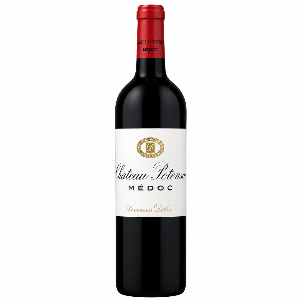 Chateau Potensac 2020 Medoc AOC wine bottle with label, glass of red wine, and vineyard background in a natural setting