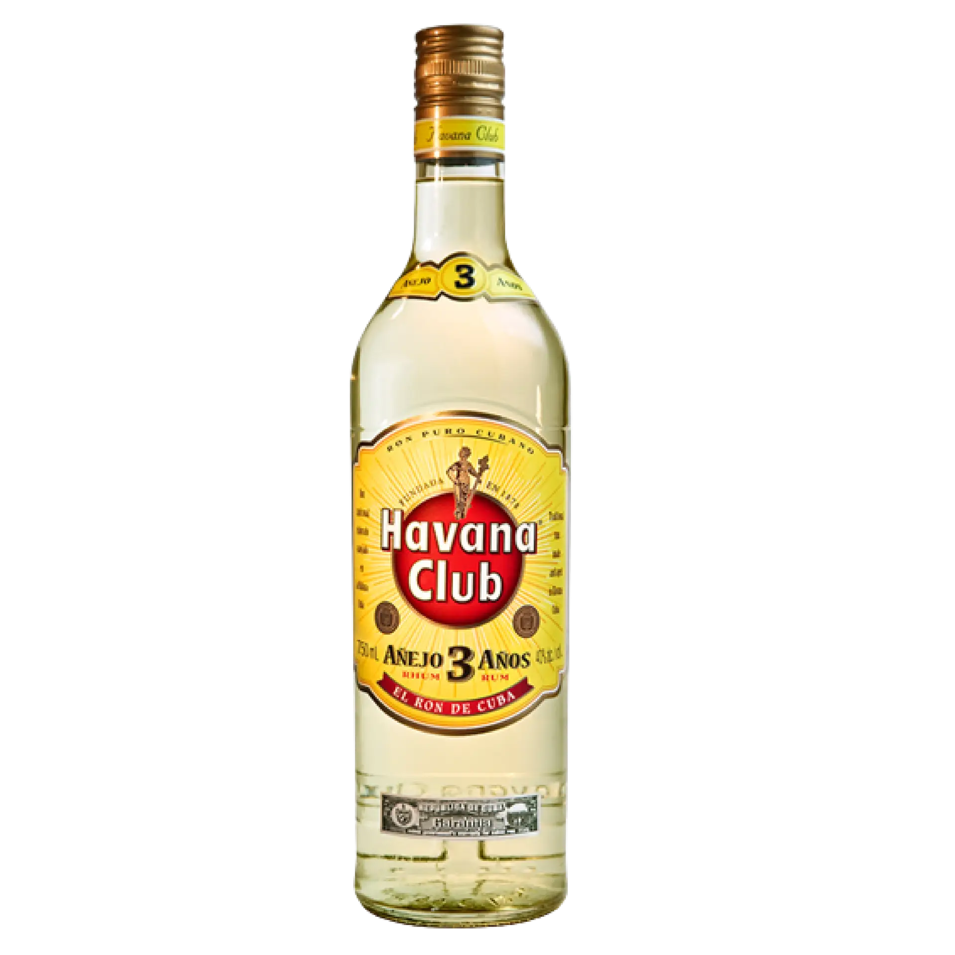 Buy Havana Club 3 Year Old rum 750mL, clear bottle with yellow label and gold cap