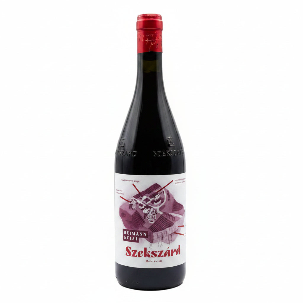 Heimann Szekszárd Kadarka red wine bottle, 750mL, with label featuring traditional Hungarian design and branding.