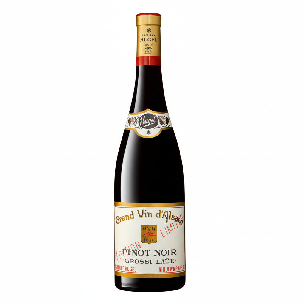 Hugel Grossi Laue Pinot Noir wine bottle with label display, showcasing deep red color and elegant packaging.