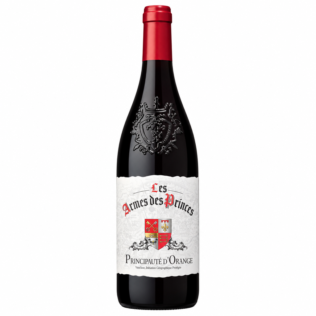 Bottle of Les Armes Des Princes IGP Vaucluse wine with label visible, showcasing a French wine from Vaucluse region.