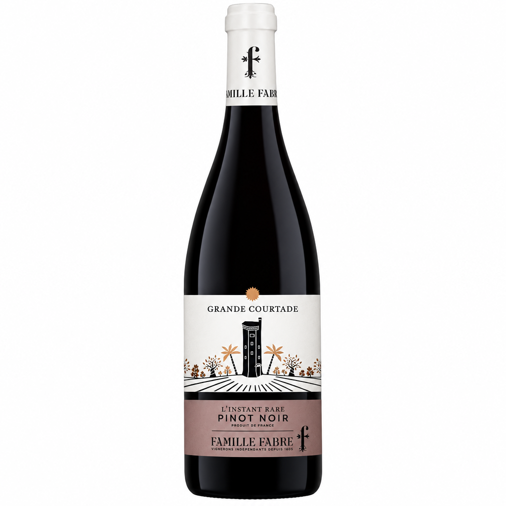 Famille Fabre Grande Courtade Pinot Noir wine bottle with label, showcasing elegant packaging and dark glass design.