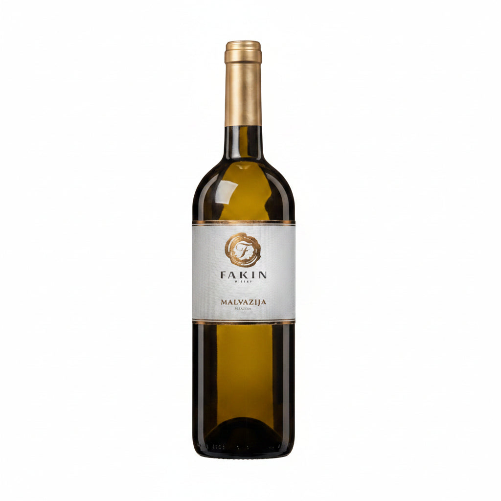 Bottle of Istria Malvazija Fakin white wine in a 750ml bottle, featuring a label with traditional design.
