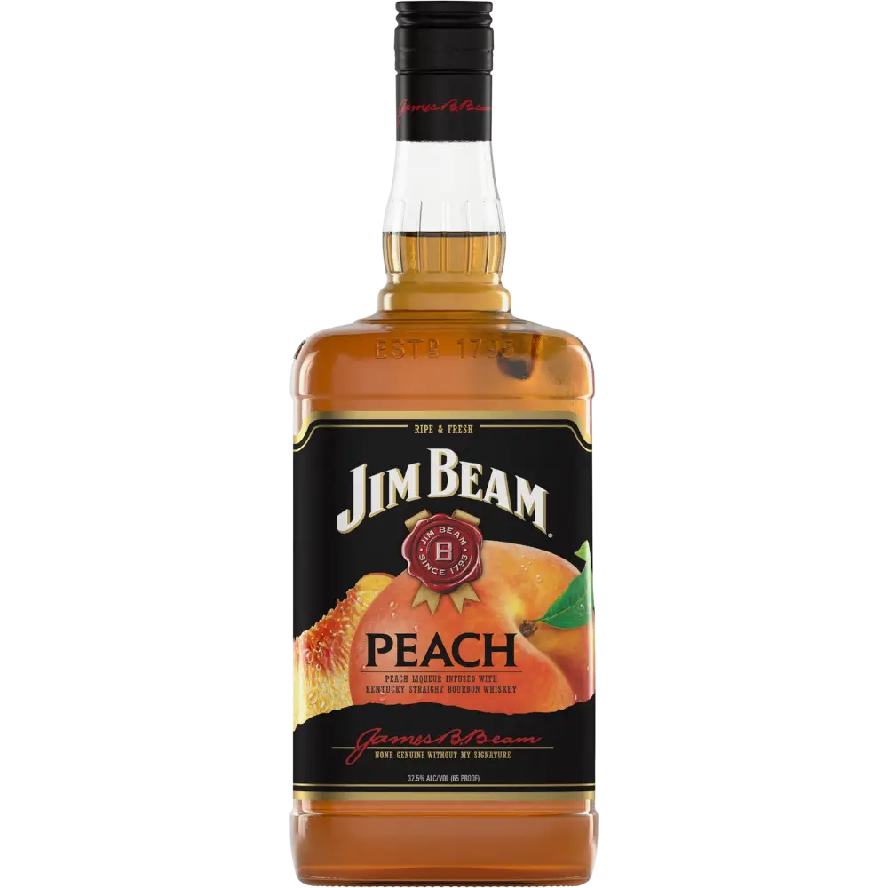 Buy Jim Beam Peach 750mL, peach whiskey liqueur in glass bottle with fruit label