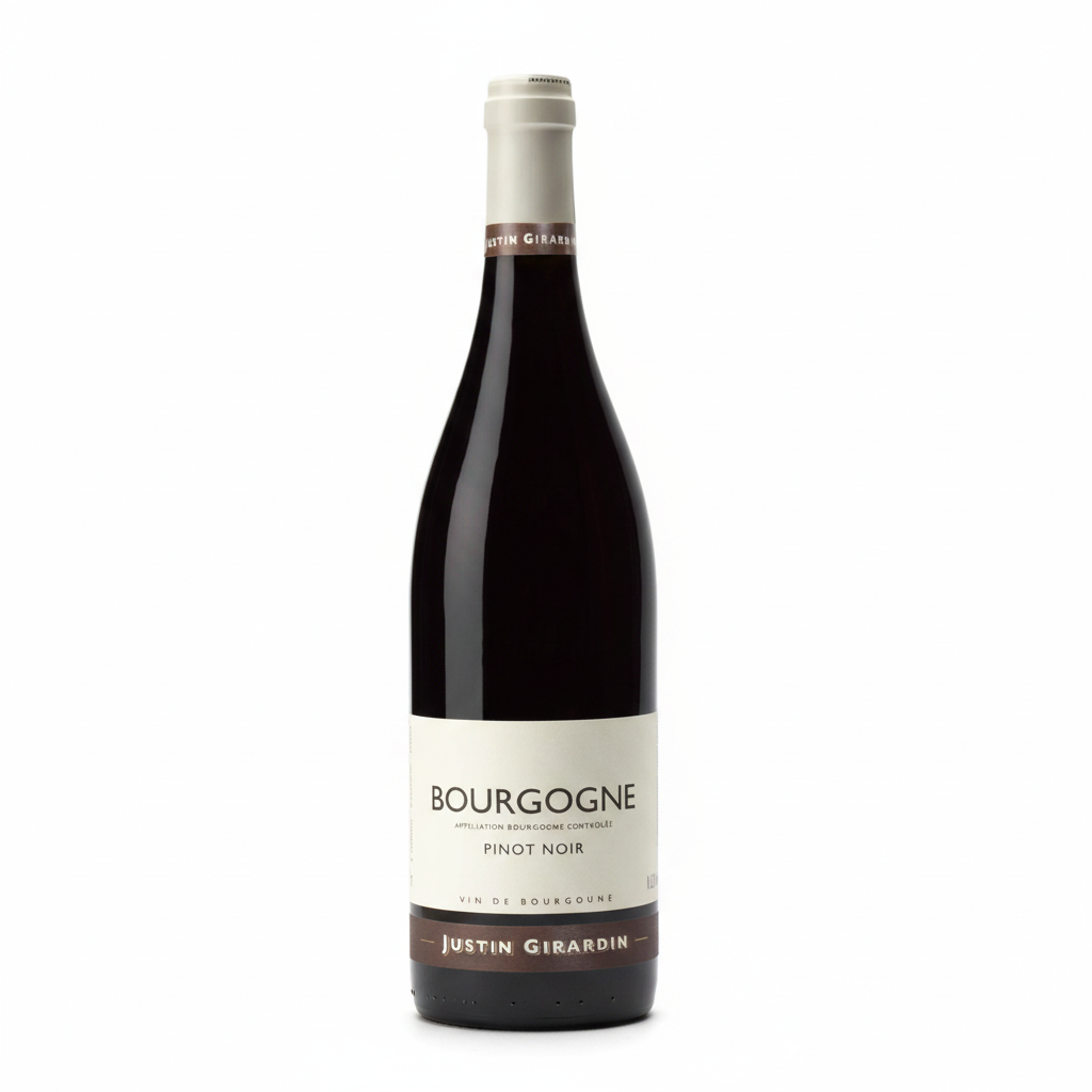 Bottle of Justin Girardin Bourgogne Pinot Noir wine with a dark glass and label featuring red and gold accents.