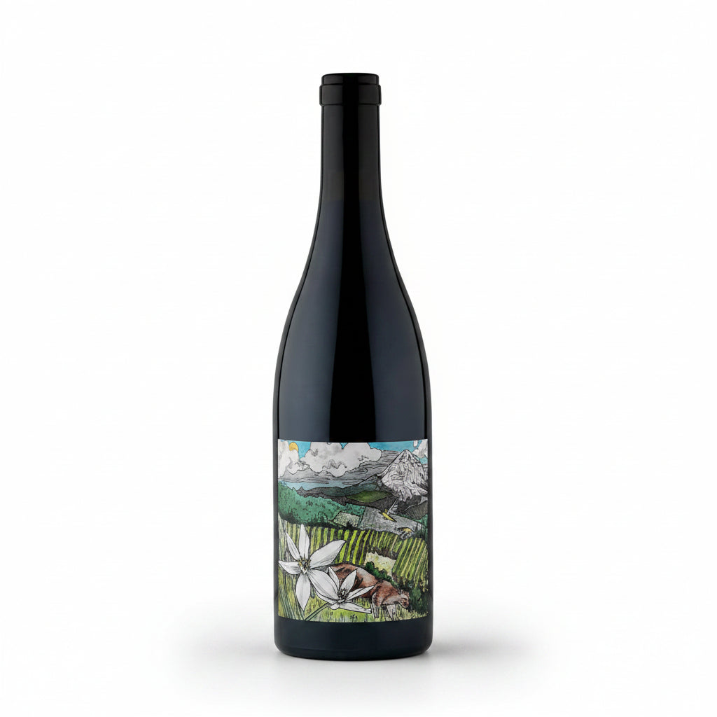 Kelley Fox Mirabai Pinot Noir 750mL bottle with a dark glass and label featuring elegant wine branding and artwork.