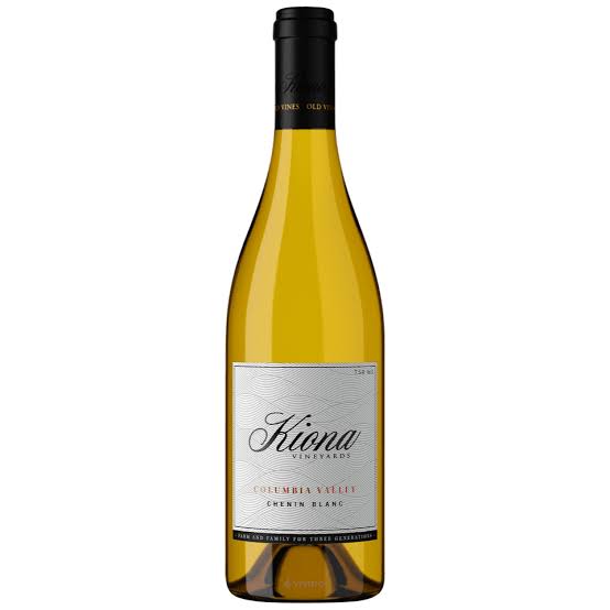 Bottle of Kiona Columbia Valley Chenin Blanc wine in 750mL bottle with a label featuring vineyards and a scenic background.