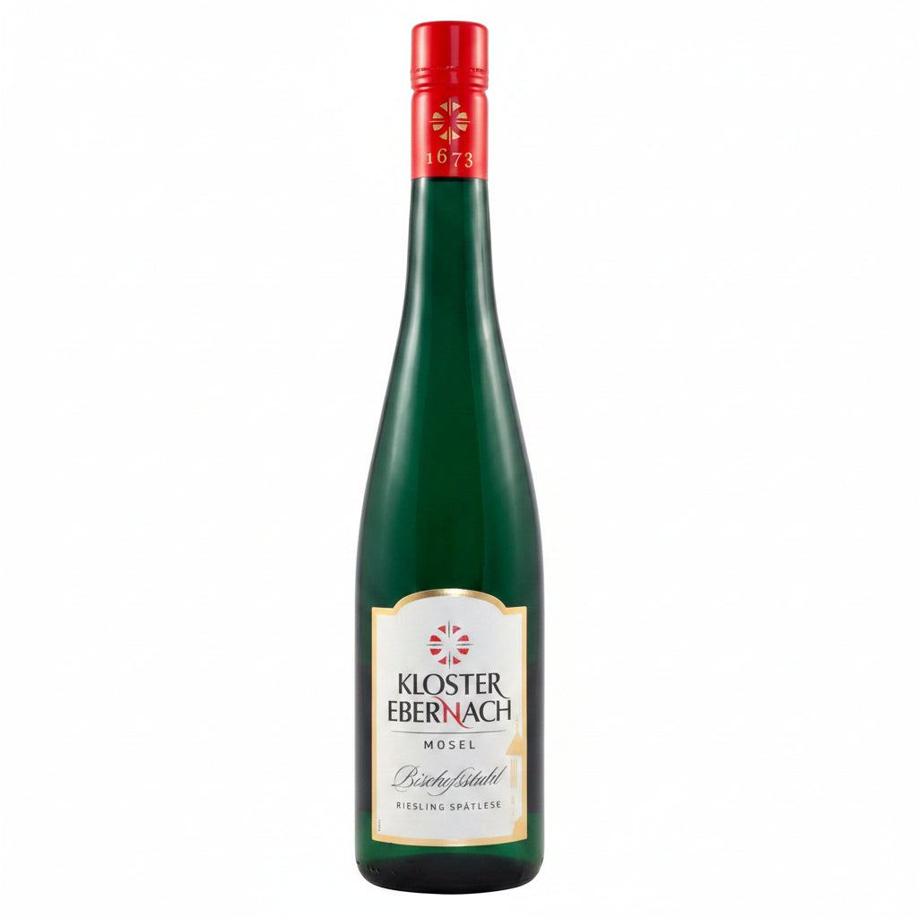 Bottle of Kloster Ebernach Mosel Bischofsstuhl Riesling 750mL with label and cork open on a wooden surface.