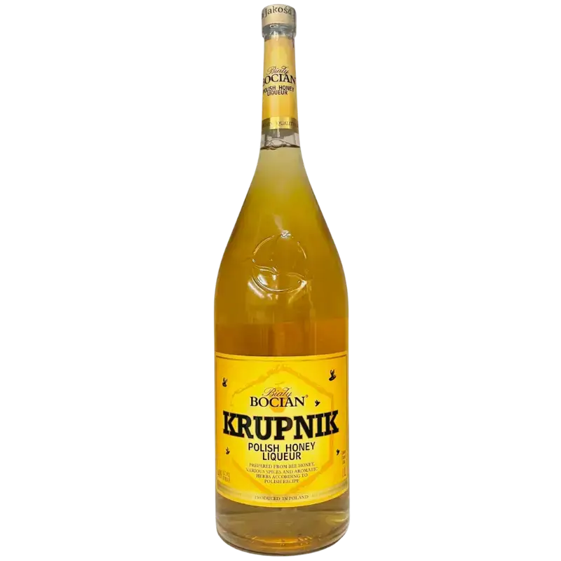 Buy Krupnik Polish Honey Liqueur 1L, golden liqueur bottle with yellow label