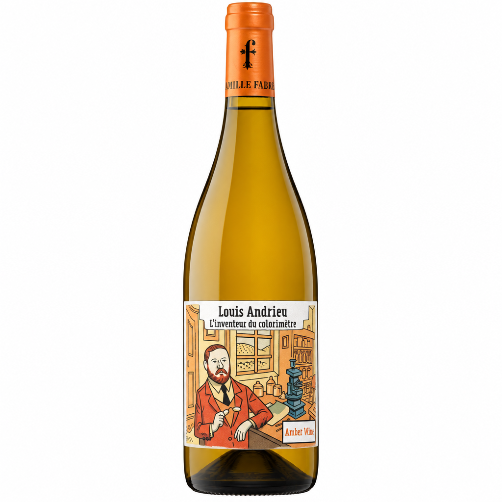 Famille Fabre Louis Andrieu orange wine bottle with label showing vibrant orange hue and elegant design.