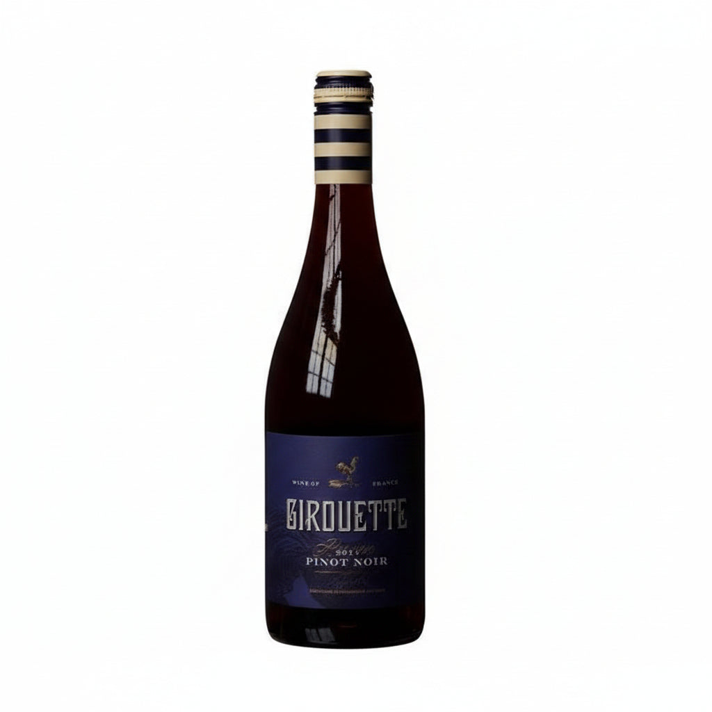 Bottle of La Girouette Pinot Noir wine with label visible, showcasing a dark glass bottle with elegant label design.