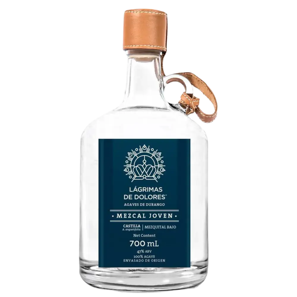 Buy Lágrimas de Dolores Castilla 750mL mezcal, clear bottle with blue label and leather cap