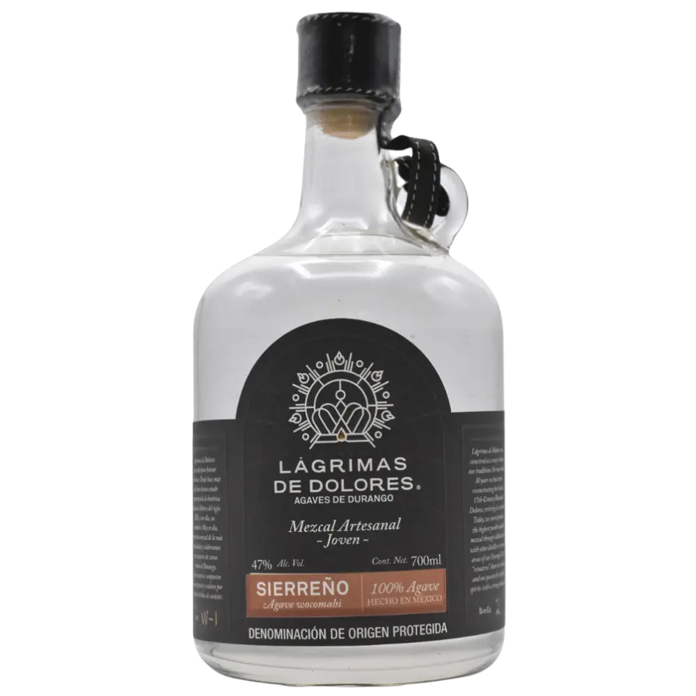 Buy Lagrimas De Dolores Sierreno 750mL artisanal mezcal, clear bottle with black label