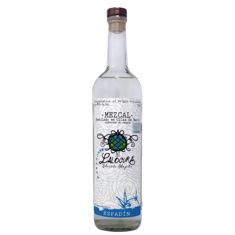 Buy Lalocura Espadin mezcal 750mL clear glass bottle with decorative label