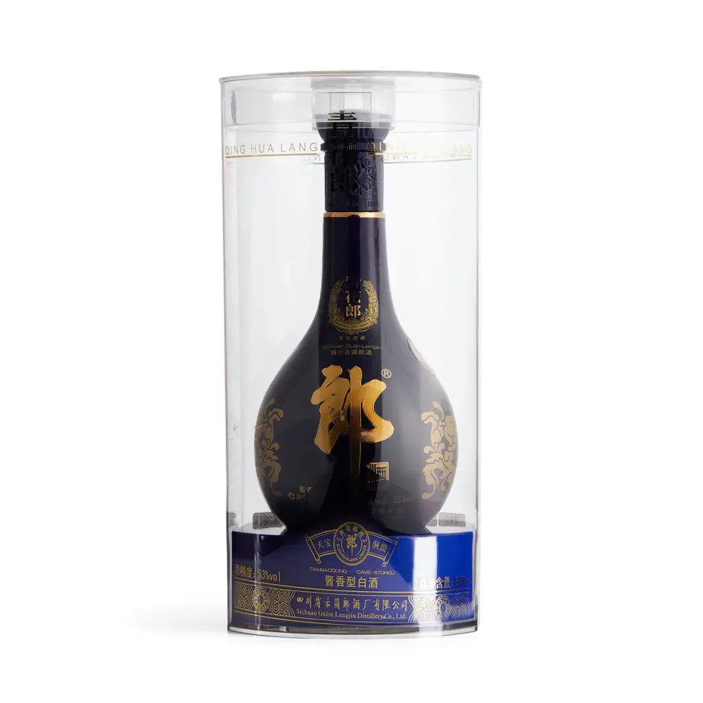 Buy Langjiu Qinghua Lang, elegant blue and gold Chinese liquor bottle in clear packaging