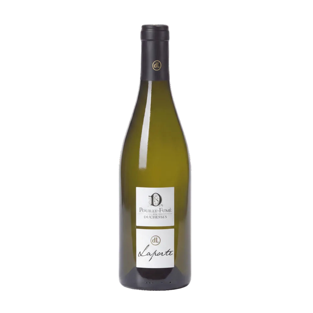 Bottle of Laporte Pouilly-Fumé Les Duchesses white wine on a wooden table, with a glass of wine nearby.