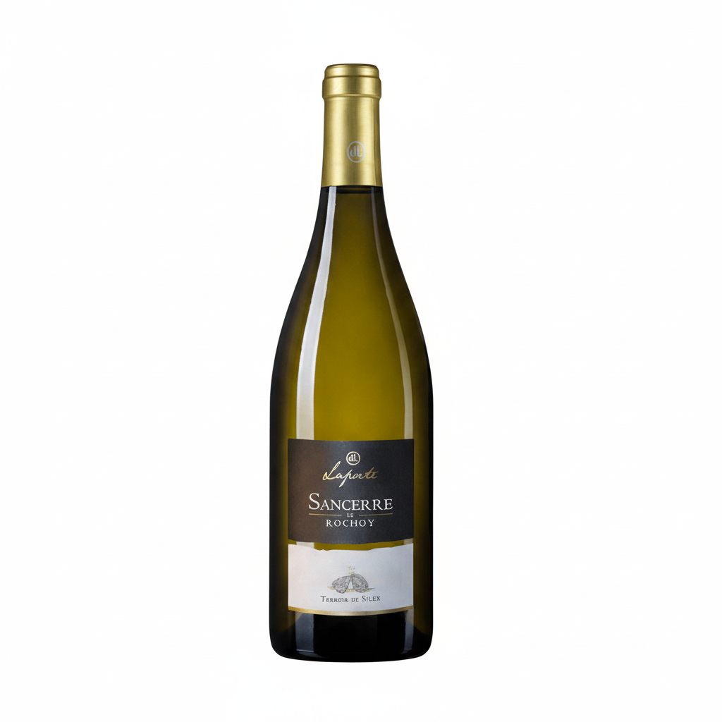 Bottle of Laporte Sancerre Le Rochoy white wine with a sleek label and cork, set against a neutral background.