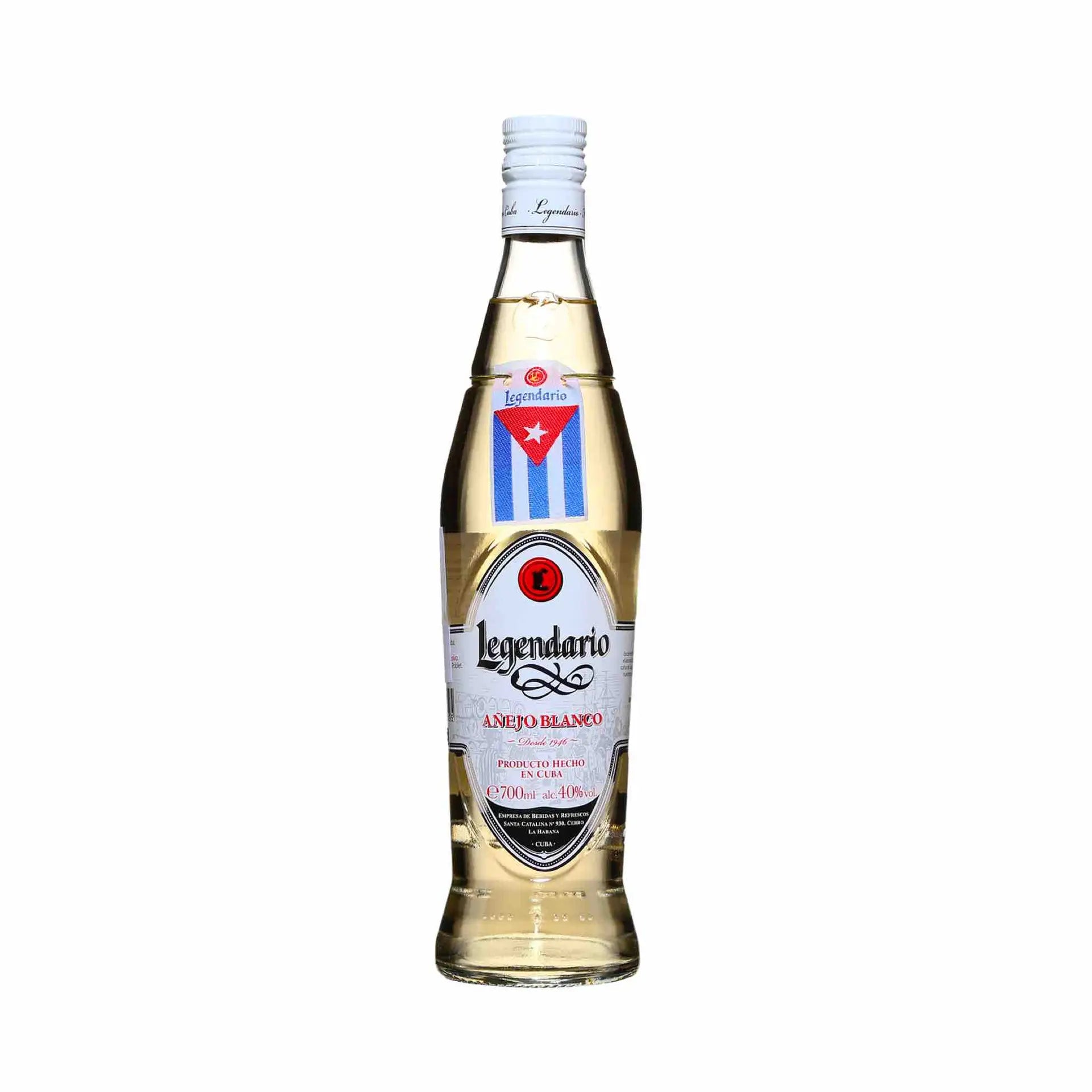 buy Legendario Anejo Blanco Cuban Rum 700mL, clear glass bottle with Cuba flag label