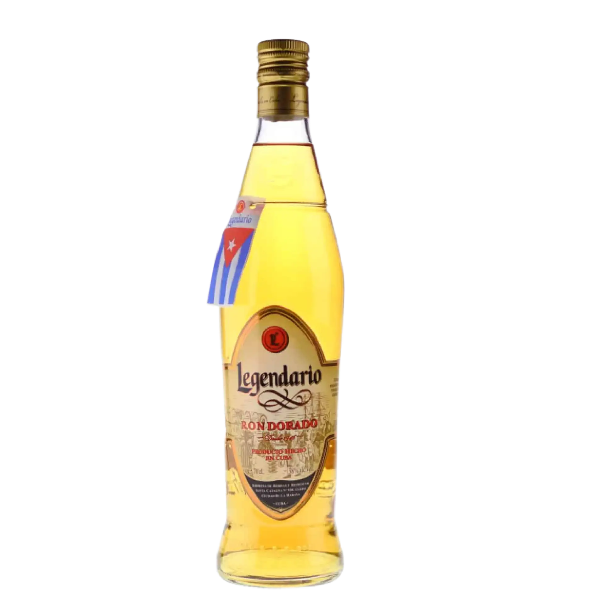buy Legendario Ron Dorado Cuban Rum 700mL, golden rum bottle with label and Cuban flag tag