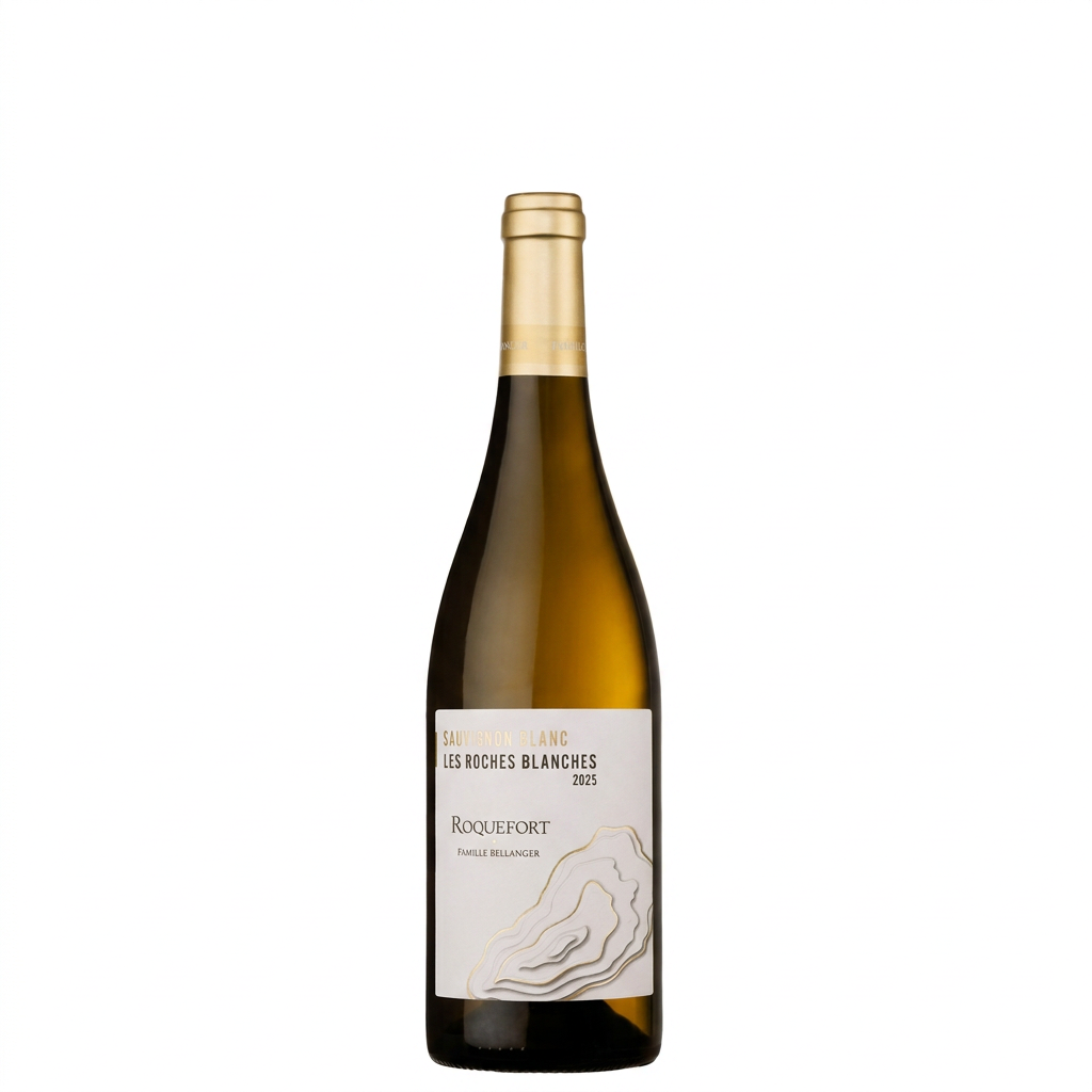 Chateau Roquefort Les Roches Blanches Sauvignon Blanc 2025, organic white wine in a glass bottle.
