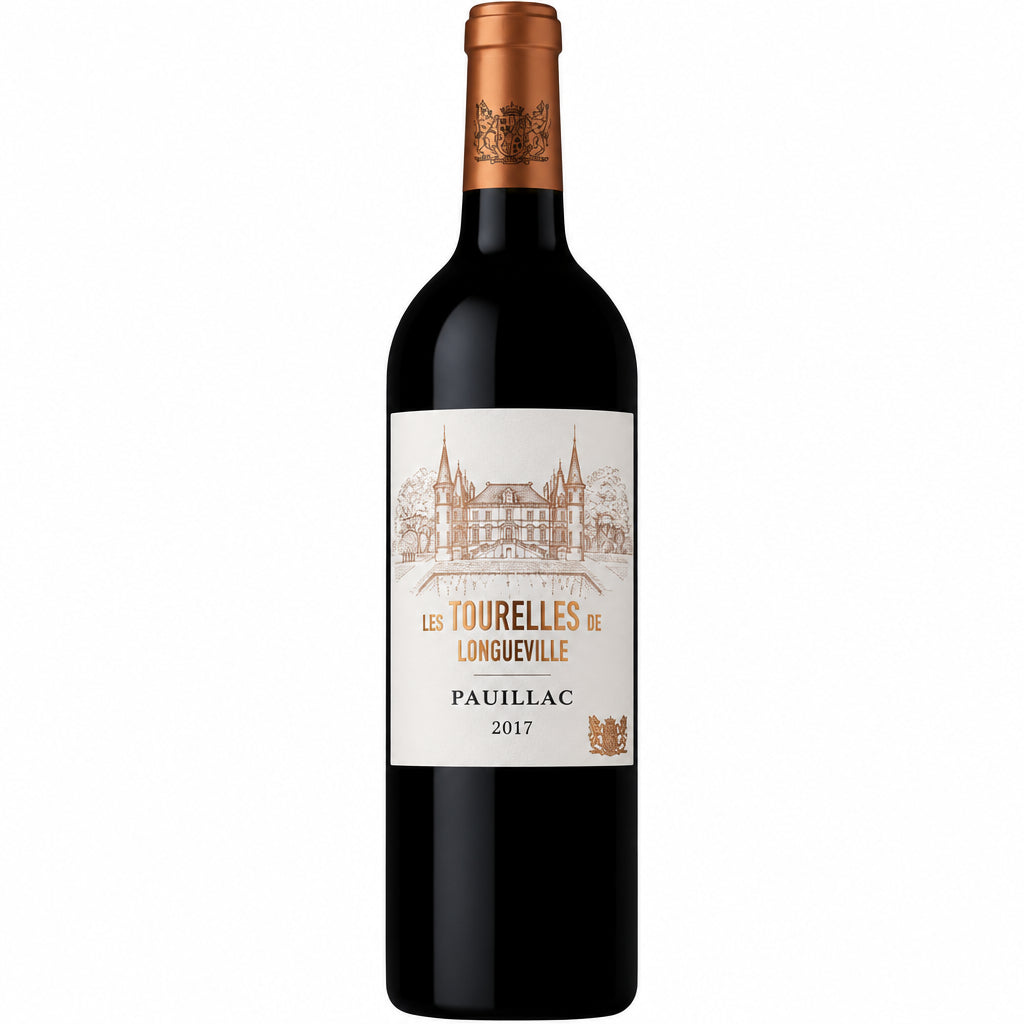 Bottle of Chateau Les Tourelles De Longueville 2017 Pauillac AOC red wine with a dark label and cork closure.