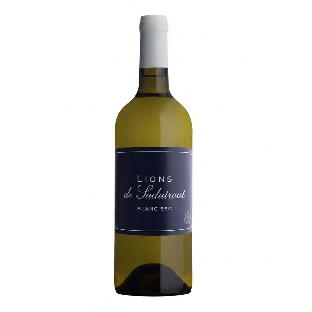 Bottle of Lions De Suduiraut sweet wine with label visible and cork, presented on a neutral background.