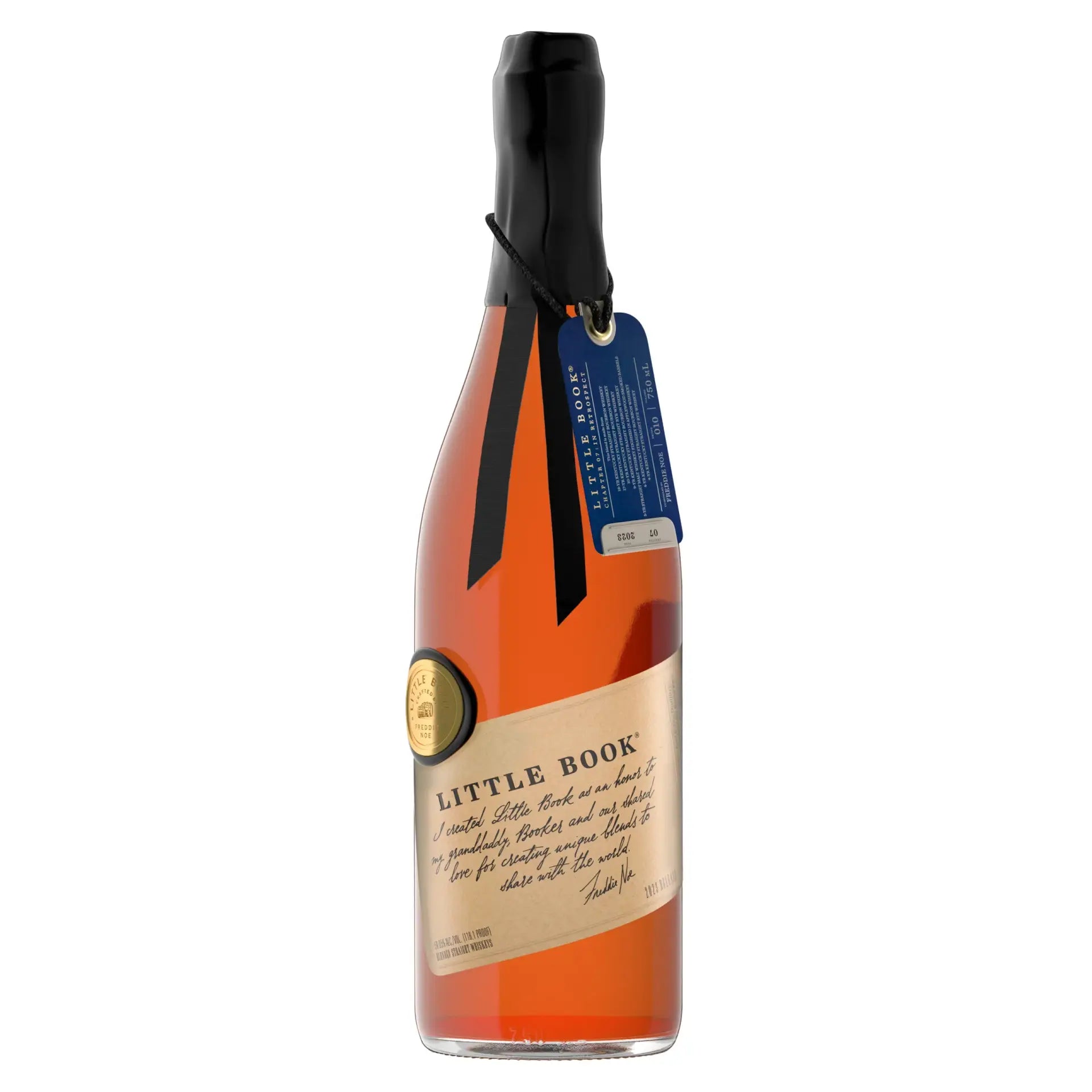 Buy Little Book In Retrospect whisky bottle with tag, gold label, and black wax seal.