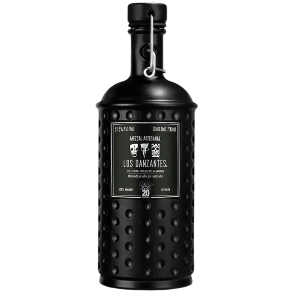 Buy Los Danzantes Still Strength Mezcal 750mL, black bottle, artisanal liquor