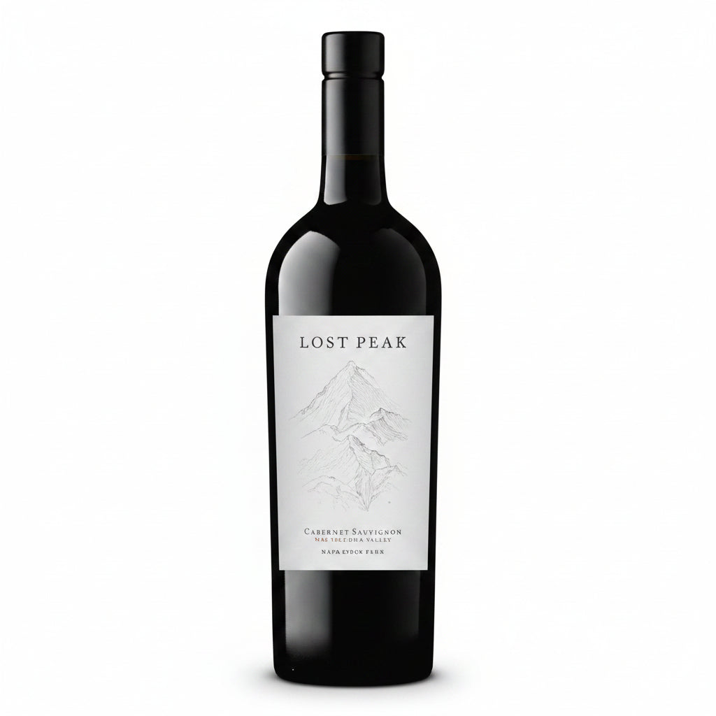 Bottle of Lost Peak Cabernet Sauvignon wine, 750mL, with a dark glass bottle and label featuring mountain imagery.