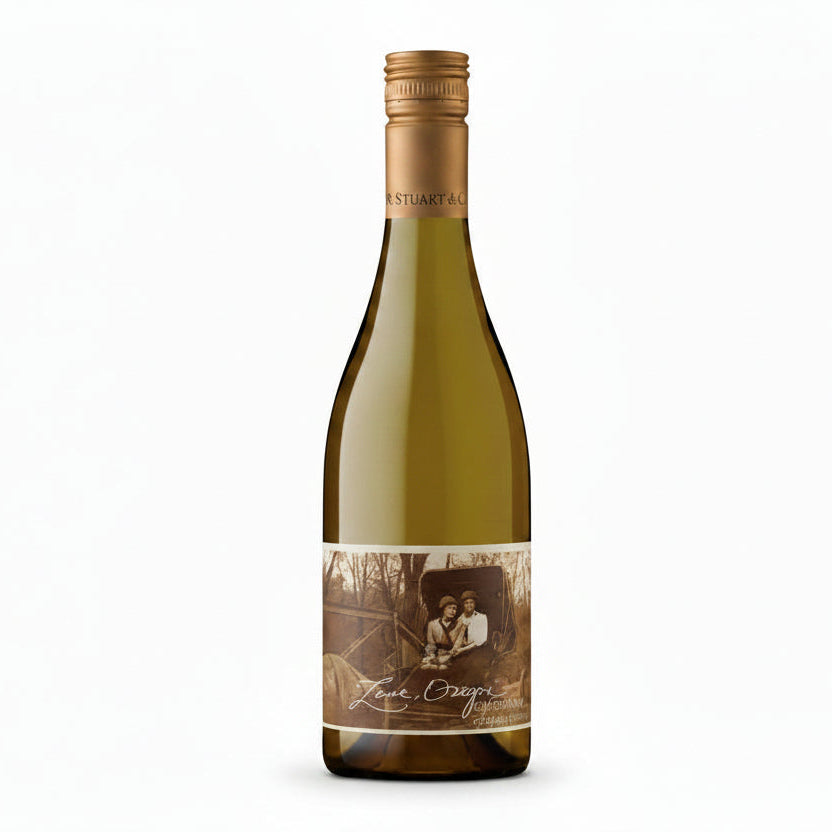 Bottle of Love Oregon Chardonnay 750mL with a label featuring scenic Oregon landscape and elegant wine branding.