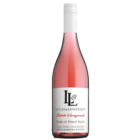 Bottle of Lucas & Lewellen Rose of Pinot Noir wine, 750mL, featuring a pinkish hue and elegant label design.