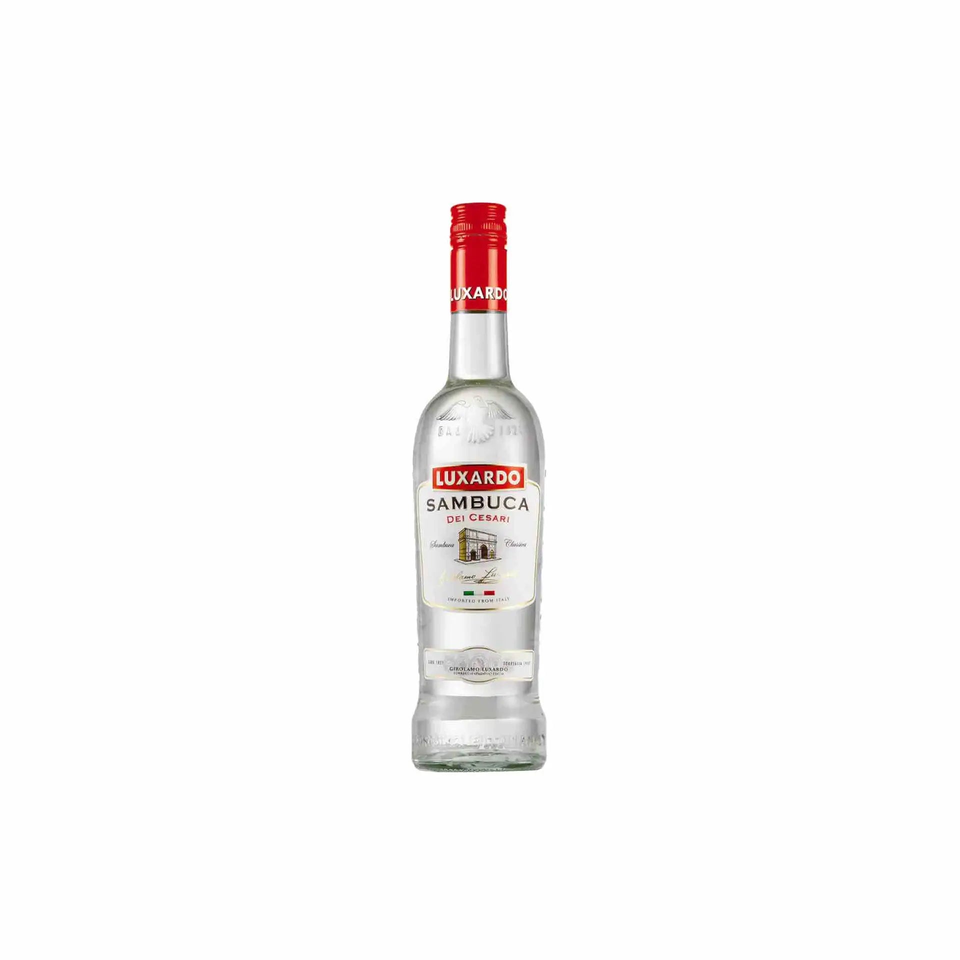 buy Luxardo Sambuca Liqueur 375mL clear bottle with red cap on white background