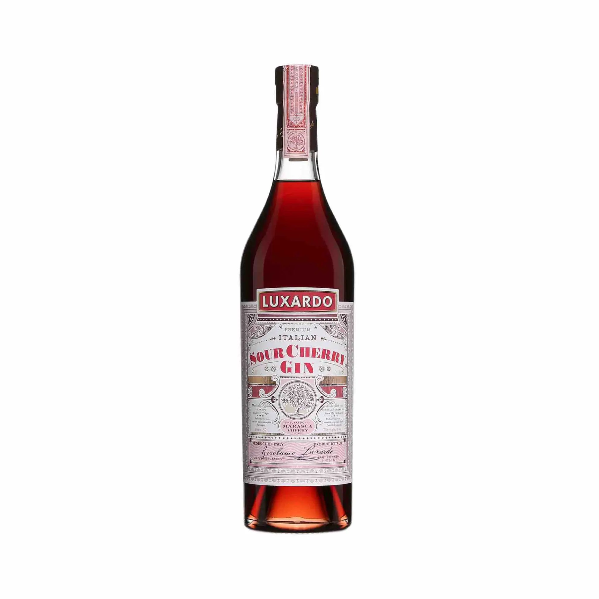 Buy Luxardo Sour Cherry Gin 750mL, premium Italian cherry gin in glass bottle.