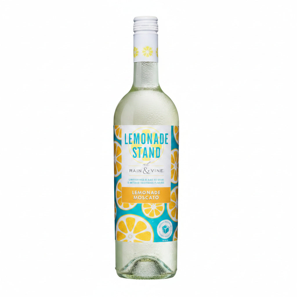 Main & Vine Lemonade Stand Moscato 750mL bottle with a colorful label, showcasing a refreshing Moscato wine from the Main brand.