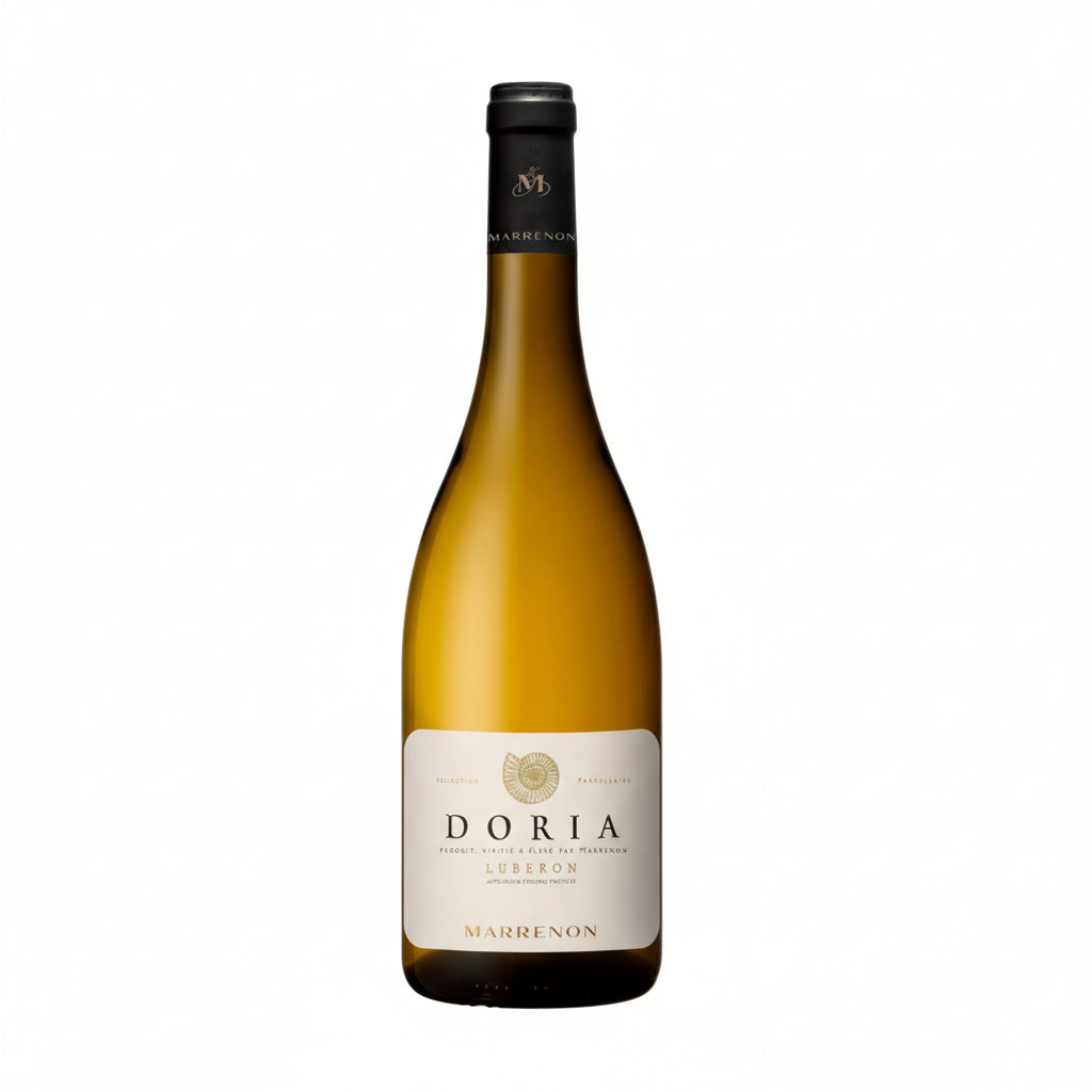 Glass of Marrenon Doria white wine in a clear wine glass, showcasing the golden hue against a neutral background.