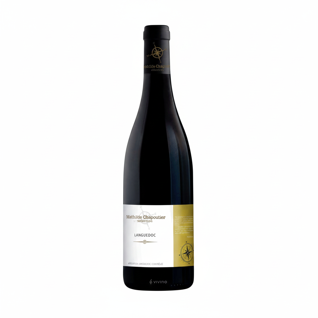 Bottle of Mathilde Chapoutier Languedoc wine with label visible, featuring elegant design and branding.