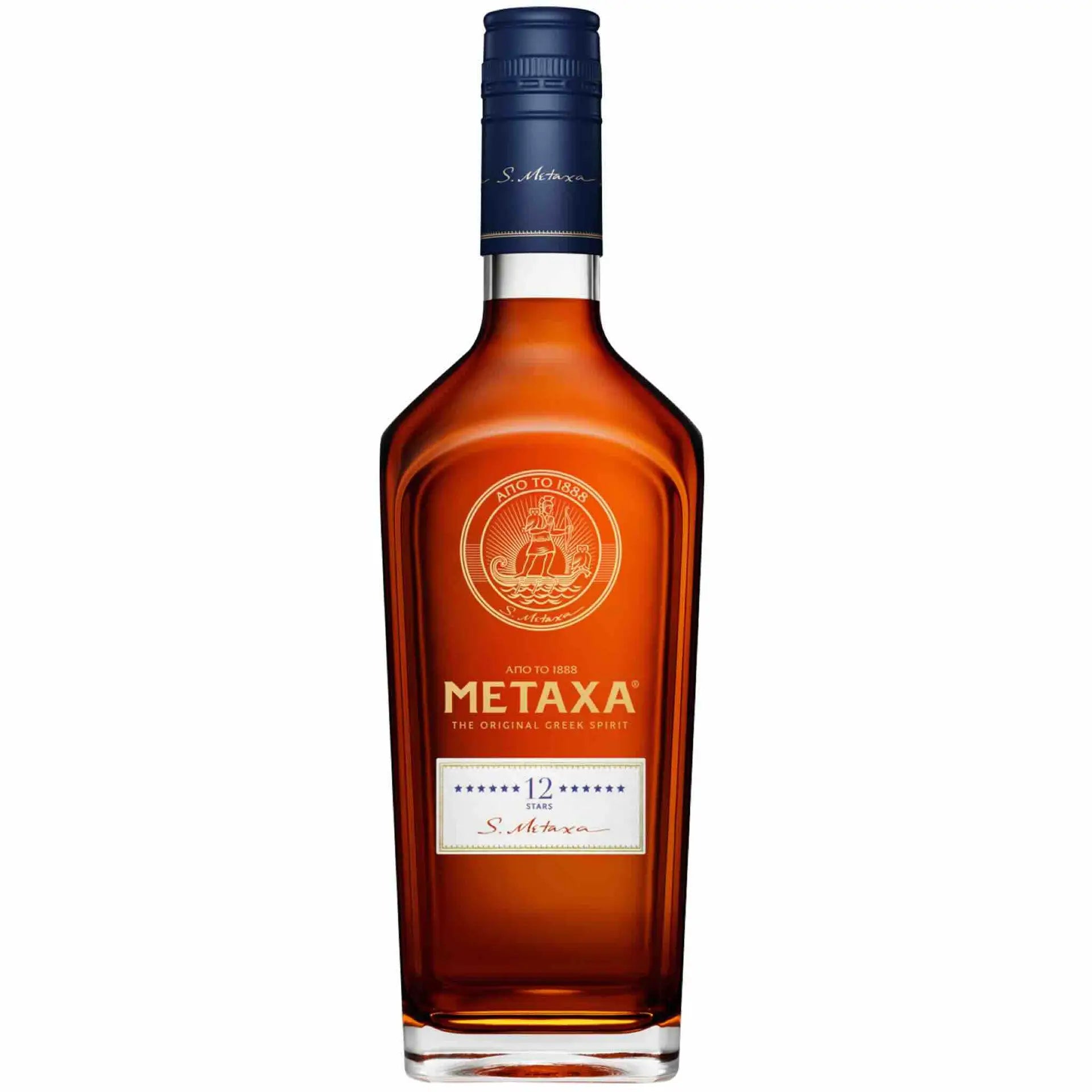 Buy Metaxa 12 Star, Greek brandy in a tall amber glass bottle with blue cap.