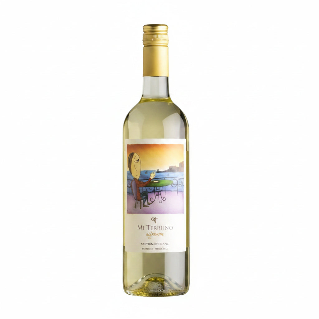 Bottle of Mi Terruno Expresion Sauvignon Blanc wine, 750mL, showing the label and clear glass bottle with white wine inside.