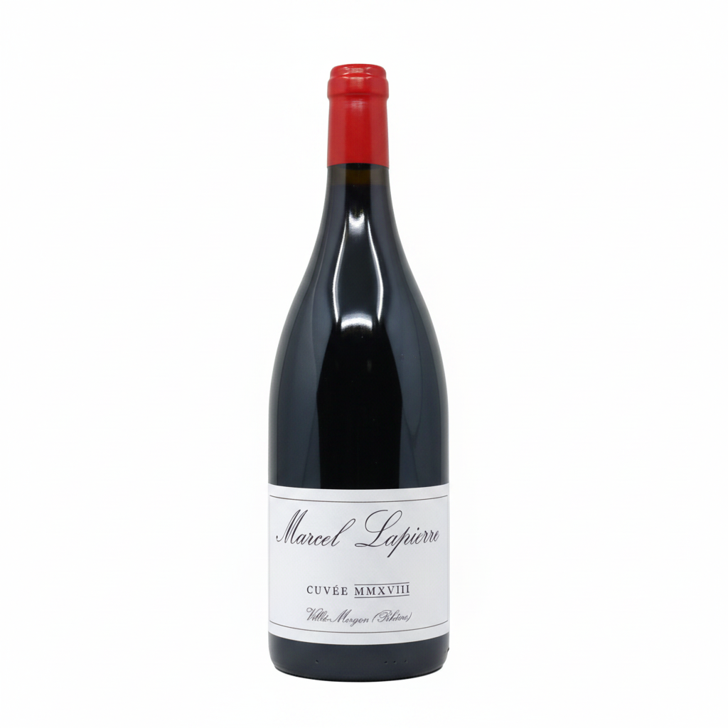 Bottle of Morgon Cuvee Marcel Lapierre red wine in a 1.5L bottle with a colorful label and cork closure.